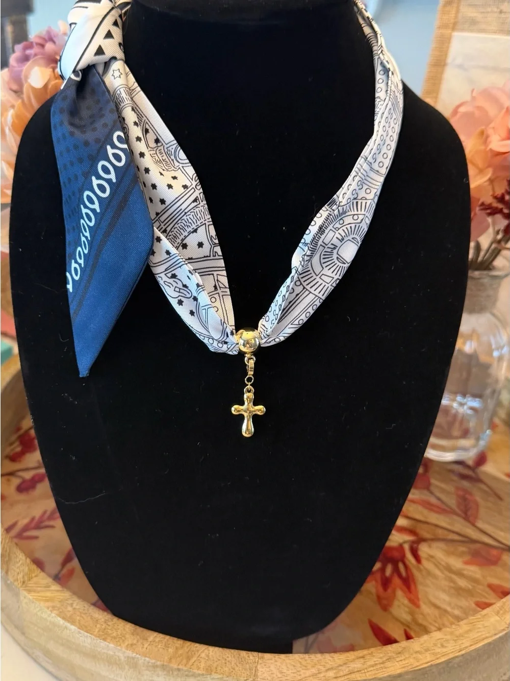 Jbloom “Paisley” scarf necklace w/ Stainless Gold bead and gold cross charm NEW